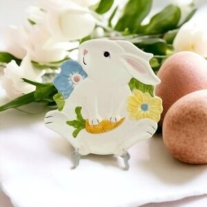 Pier 1 Imports Easter Bunny Rabbit Plate Tulip Design 8.75"x6" Ceramic VG